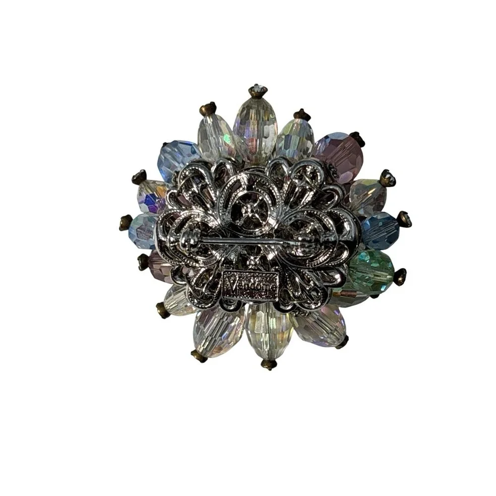 Vintage Signed Vendome Rhinestone beaded Brooch Pin Clip On‎ Earrings Set